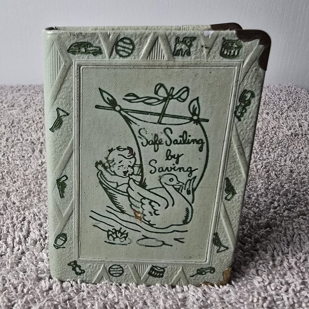 Vintage Green Baby Book Bank Safe Sailing By Saving Zell Co. Metal